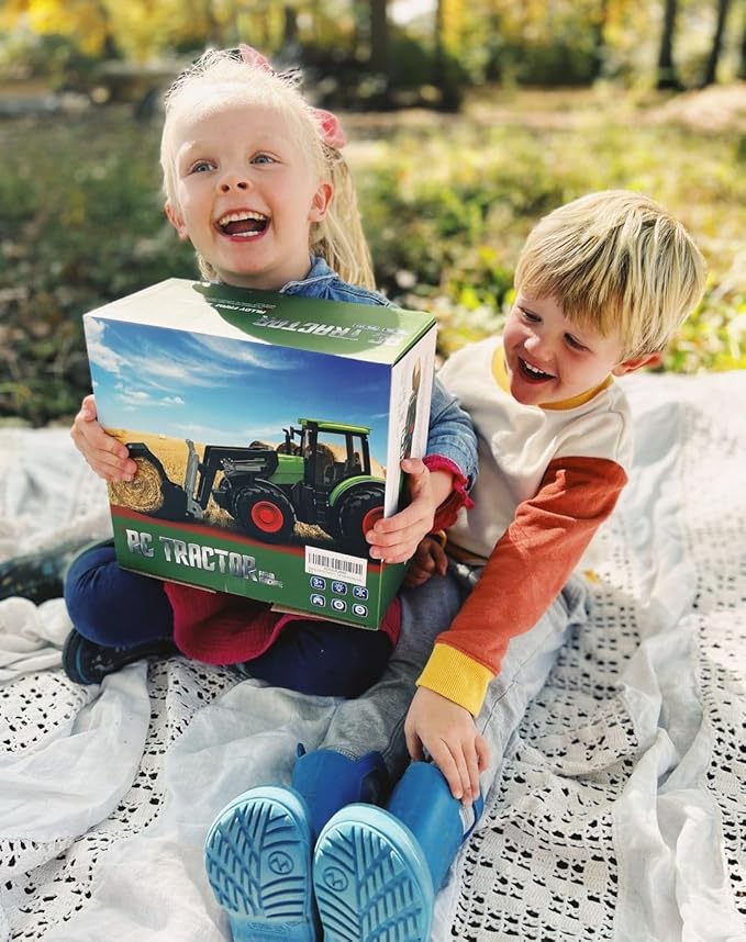 Remote Control Tractor Toy with Trailer | Metal Front & Front Loader Farm Vehicle Set with Lights & 8-Wheel Design, RC Tractor Truck for Boys & Girls Ages 3-9, Fun Farm Toy Gift for Toddlers & Kids