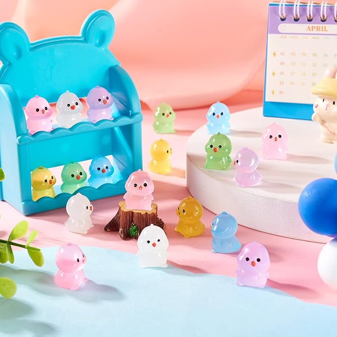 Beadthoven 24pcs Luminous Mini Resin Glow in The Dark Chick Animals Dollhouse Figurines Assorted Colorful Cute Cabochons Small Glowing Figure DIY Charms Garden Craft Landscape Ornaments