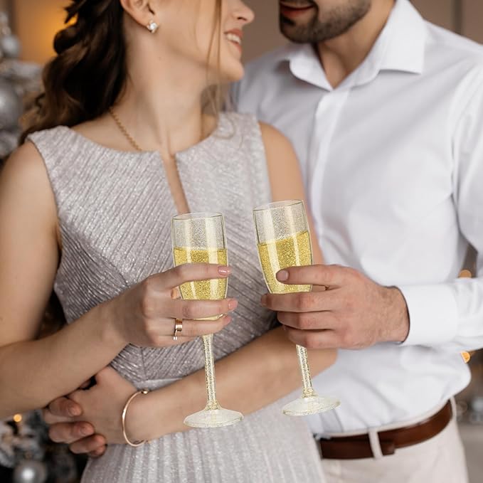XUWAIDSGN 10 Pcs Reusable Champagne Flutes Plastic Wine Glasses Bulk Vintage Champagne Flutes Mimosa Bar Glasses Stemmed Drinking Cups 5.4OZ for Christmas Birthday Wedding Bride