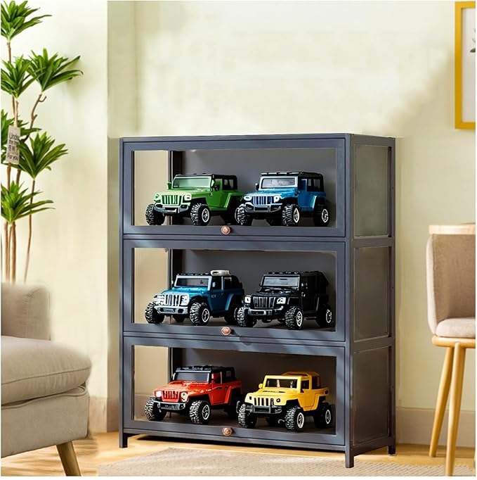 Curio Display Cabinet with Acrylic Doors for Collectibles Small Curio Cabinet 4 Tier 3 Tier Figures Display Case Toys Display Shelves Vitrina Storage Cabinet,Gray,3 Tier_Flip Up Door