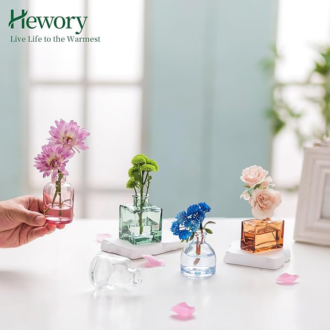 Small Glass Bud Vases for Centerpieces - Hewory 20pcs Colored Sturdy Cute Flower Vases Bulk, Mini Bottle Vase for Wedding Home Decor Birthday Party Events Mother's Day Bridal Shower Gifts Table Decor