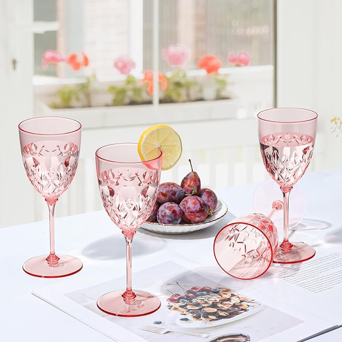 SKLENICE 48 pcs Plastic Pink Wine Glasses Bulk 7.4oz Detachable Small Wine Goblet Champagne Flutes Unbreakable Vintage Diamond Stemware Mimosa Drinking Glassware for Wedding Christmas Event Party