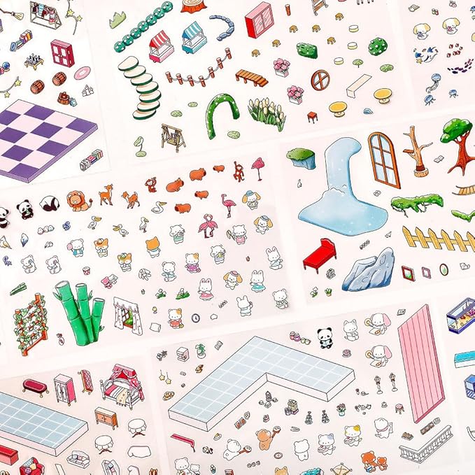DIY 3D House Stickers Kit - 4 Sets Fun Large House Isometric Stickers Room Cartoon Scenes for Adults, Creative Art for Stress Relief, Pass The Time,Home Decoration, Relaxation Gifts(A2)