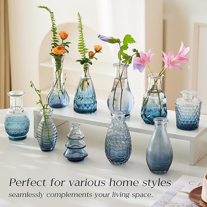 Glass Bud Vase Set of 30 - Small Vases for Flowers in Bulk - Assorted Vintage Crystal Vases for Flowers, Table Centerpieces (Blue, 30 Pcs)