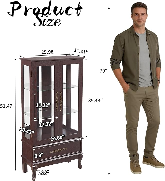 51" H Lighted Curio Display Cabinet with 2 Doors & 1 Drawer, Wooden Glass Curio Showcase w/Adjustable Shelves & Mirrored Back Panel, Storage Cabinet Display Case for Living Room(Dark Cherry)
