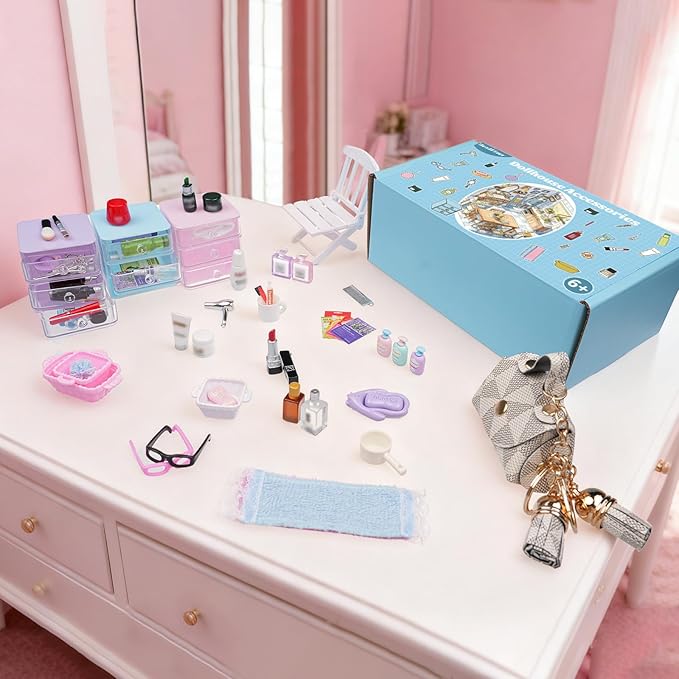 77 Pcs Miniature Dollhouse Accessories, Dollhouse Bathroom Accessories Set with Storage Cases Cosmetic Set Towel Shampoo Perfume Hair Dryer Comb Mask Soap Toiletries Set for Girl Micro Scene