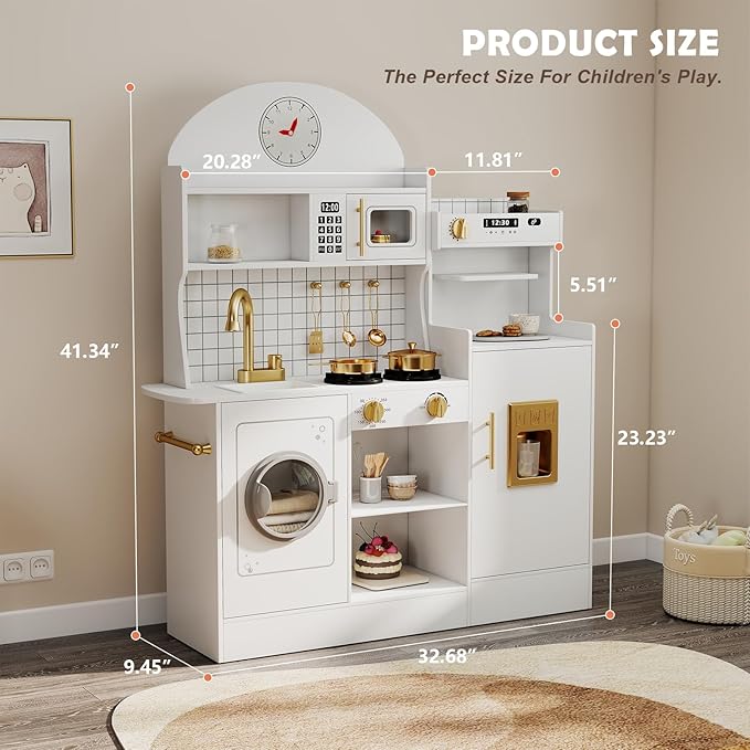 JOYDIAS Kids Play Kitchen Set, Pretend Wooden Kid Kitchen Playset Toy Kitchen w/Sound and Light, Oven, Washing Machine, Toy Coffee Station and Toddler Kitchen Accessories for Kids Age 3+