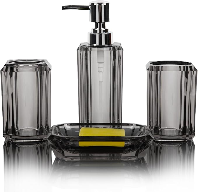 4 Piece Premium Acrylic Bathroom Accessory Set, Hand Sanitizer Bottle, Lotion Can Bathroom Suit, Separate Bottle Soap Box, Mouthwash Cup, Toothbrush Cup (Gray)