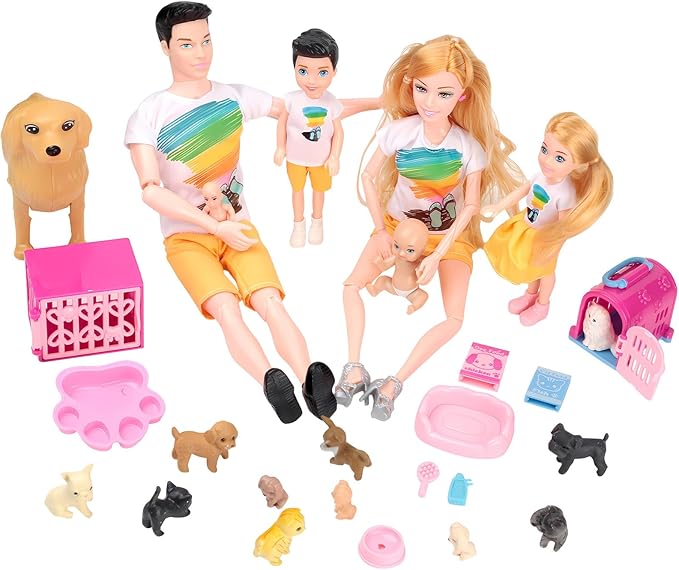 Dolls Set of 6 People with Dollhouse Pets Included Pregnant Mom Dad 3 Kids and Baby Boy in Mommy's Tummy, Doll Playsets and Accessories for 3-12 Years Old