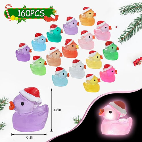 160Pcs Luminous Mini Christmas Resin Duck Miniature Glow in The Dark Ducks Christmas Decor Aquarium Ornament Dollhouse Decoration DIY Slime Kit Birthday Party Hide and Seek Prank(16 Colors)