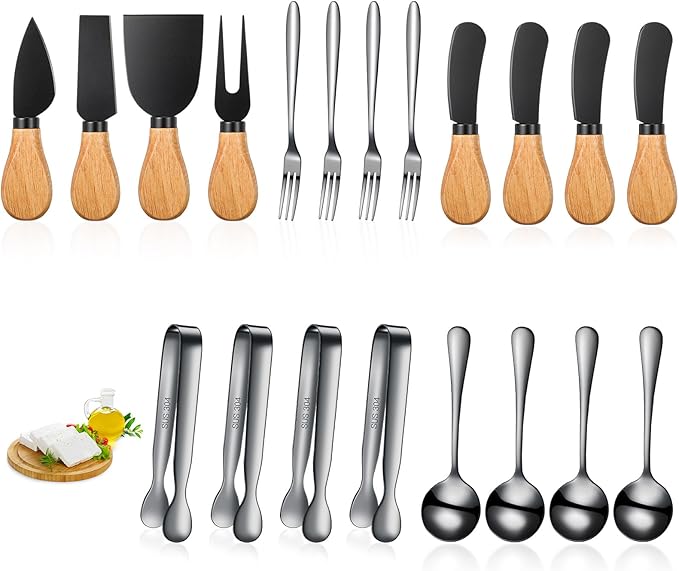 20 Pieces Charcuterie Board Accessories Spreader Knife Set Cheese Butter Spreader Knife Charcuterie Utensils with Wooden Handles Mini Serving Tongs Spoons Forks for party Wedding Christmas (Black)