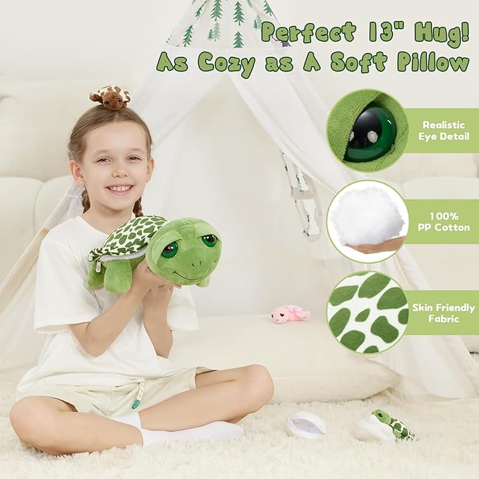 6Pcs Sound Turtle Plush Toy, 14" Talking Mother Turtle Stuffed Animal with 3 Baby Tortoise & 2 Eggs, Stuffed Educational Sea Creature for Kids, Ocean Plushies Gift for Birthday Christmas