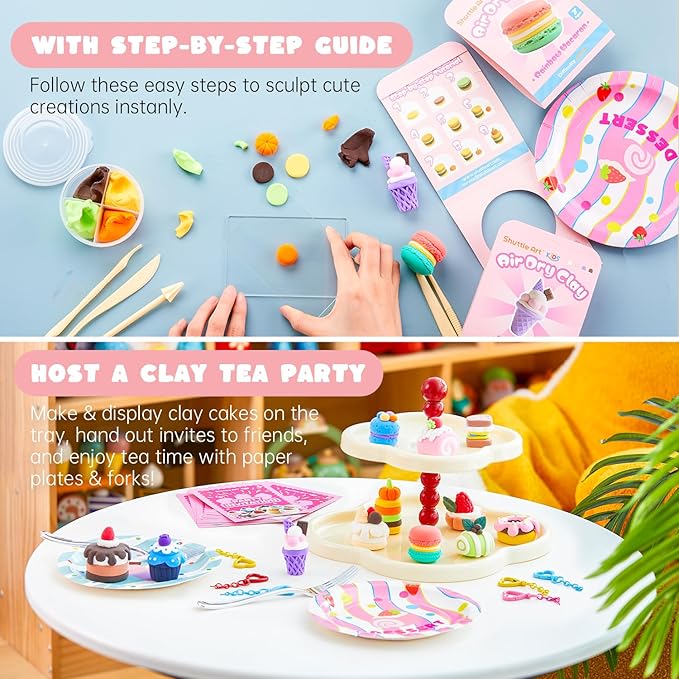 Shuttle Art Air Dry Clay for Kids - Cake Time, 52 PCS Modeling Clay Kit with Sculpting Tools and Tutorials, Safe & Non-Sticky, Craft Gifts for Boys & Girls