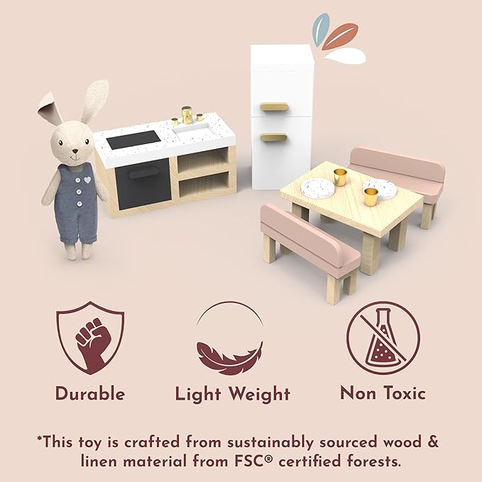 SPEEDY MONKEY Doll House Kitchen Playset with Bunny – Miniature FSC Wooden Kitchen Furniture Set – Dining Table, 4 Chairs, Fridge & Accessories – Pretend Play Doll House Decor Toy for Kids & Girls