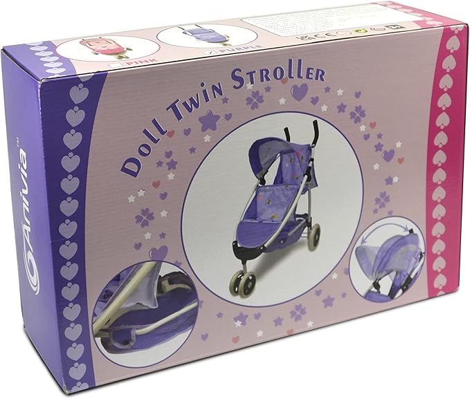 Doll Stroller Toy Anivia Realistic Twin Dolls Pram, Doll Pushchair with Shopping Basket Heart Design Gifts for Toddlers and Girls Foldable Baby Doll Stroller Toy (DA310pur)