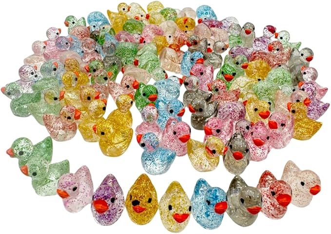 100pcs Mini Resin Duck,15 mm Dollhouse Décor for Aquarium Decor Micro Fairy Garden Landscape Hide,Seek Party Toys,Easter Basket Stuffer, Gift for All Ages (Glitter-Multicolour)