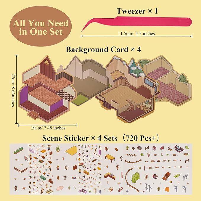 Extra Large Scene Sticker Set Include 4 Big Size 3D DIY Sticker with Background Card & Tweezer: Party Theme Isometric Miniature Creative Play Kit, Gifts for Teens Adult Stress Relief Pass Time