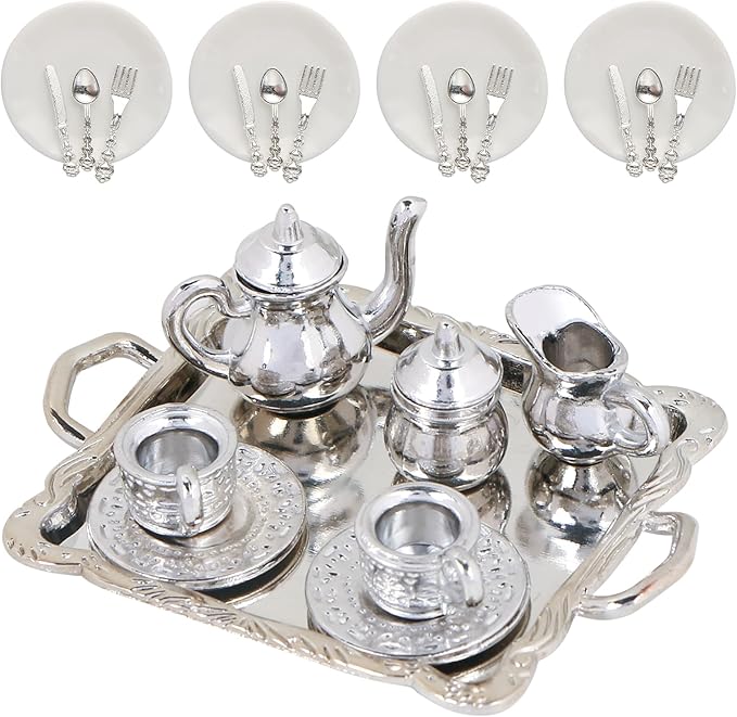 24 Pieces 1:12 Miniature Tea Set Metal Mini Teapot Tiny Tea Cup Mini Doll Plates Knife Fork Spoon Miniature Dollhouse Accessories for Dollhouse