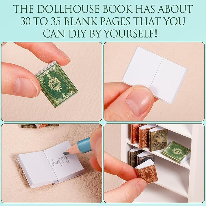 36 Pcs 1:12 Scale Miniatures Dollhouse Books and 1 White Wooden Bookcase,4 Floors Furniture Display Bookshelf Cabinet Mini Assorted Books,Dollhouse Decoration Accessories for Home Bedroom