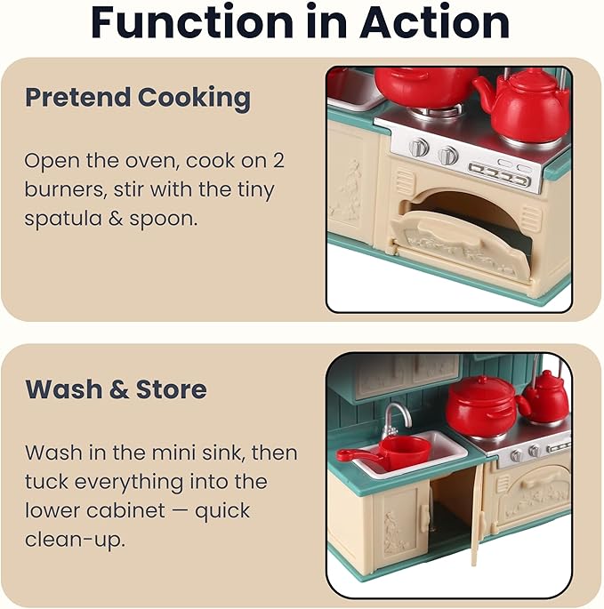 Family Dollhouse Kitchen Set — Miniature Stove, Sink & Oven with Frying Pan, Saucepan, Kettle, Utensils & Cutting Board — Dollhouse Furniture & Accessories for Ages 3+