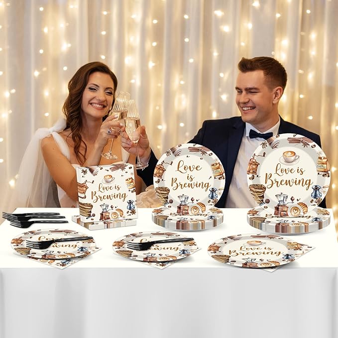 96Pcs Love Is Brewing Party Decorations Bridal Shower Tableware Coffee Theme Plates Napkins Forks Love is Brewing Coffee Dinnerware Party Supplies for Engagement Bachelorette Party Serves 24 Guests