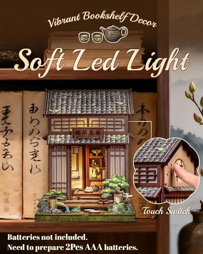 Cutefun Book Nook Kit - DIY Miniature House Kit for Adults, Teens and Beginners, Japanese Tea Room Booknook Tiny House Bookshelf Decor 3D Wooden Puzzles, Gifts for Friends and Family (Tea House)