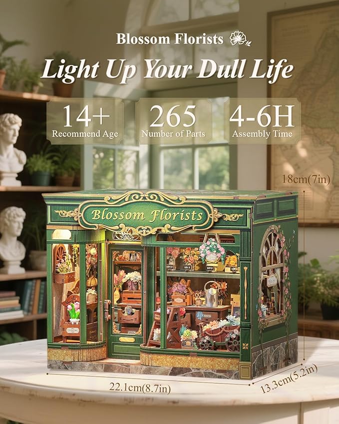 Cutefun Book Nook Kit - DIY Miniature Flower Shop Booknook Kits for Adults and Teens, 3D Wooden Puzzle Bookend Bookshelf with LED Light, Gifts for Family and Friends (Blossom Florists)