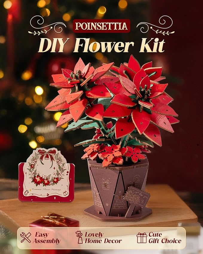 Wowood 3D Flower Wooden Puzzles for Adults-Poinsettia, DIY Wooden Flowers Model Kit Building Set Crafts for Adults to Build, Botanical Collection/Ideal Creative Gift Ideas/Housewarming (153PCS)
