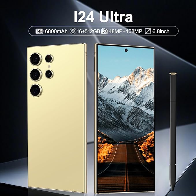 BAOWU I24 Ultra 5G Unlocked Phones, Built in Pen, Smartphone Battery 6800mAh 6.8" HD Screen Unlocked Cell Phone, 16+512GB Android14 with 128G Memory Card, Face ID/Fingerprint Lock/GPS (Yellow)