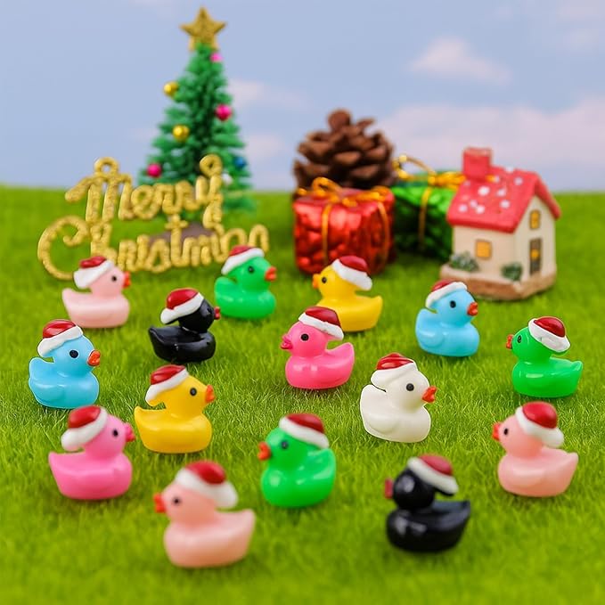 160Pcs Dollhouse Mini Resin Ducks with Hat Tiny Christmas Accessories Miniature Animals Bulk for Dollhouse Decor Micro Fairy Garden Landscape Aquarium Holiday Party Toys DIY Craft Kids Gift