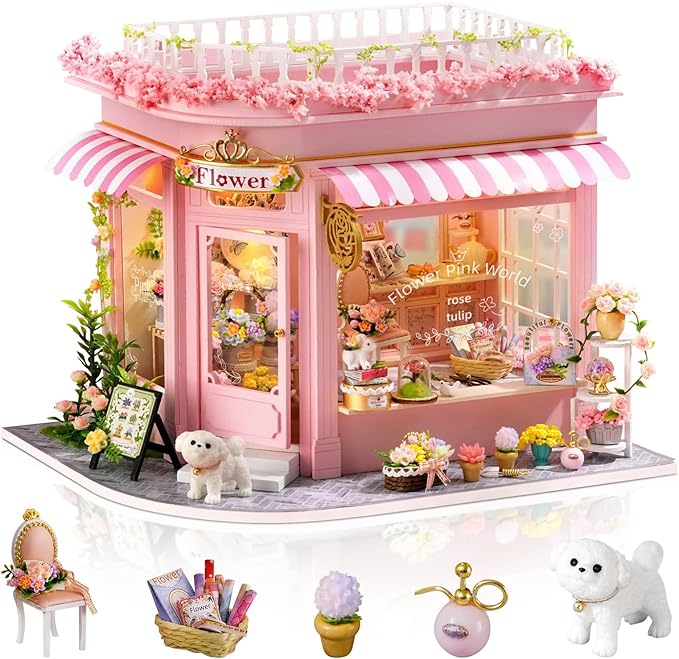 DIY Miniature House Kit, Dollhouse Kit with LED Light, Mini House Building Kits for for Adult to Building, Christmas Home Decorations Gifts for Family and Friends, Pink World