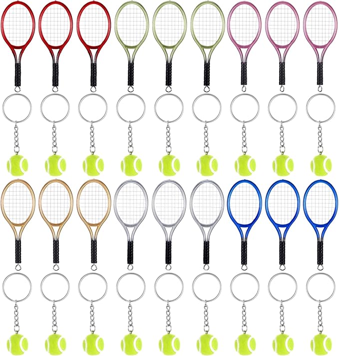 18 Pcs Mini Tennis Racket Keychains, Alloy Cute Keychains Bag Charms Breakaway Keychain, 6 Color Tennis Keychain Ornament Accessories, Sports Fan Key Chains Mini Keychain Tennis Gifts for Men Women