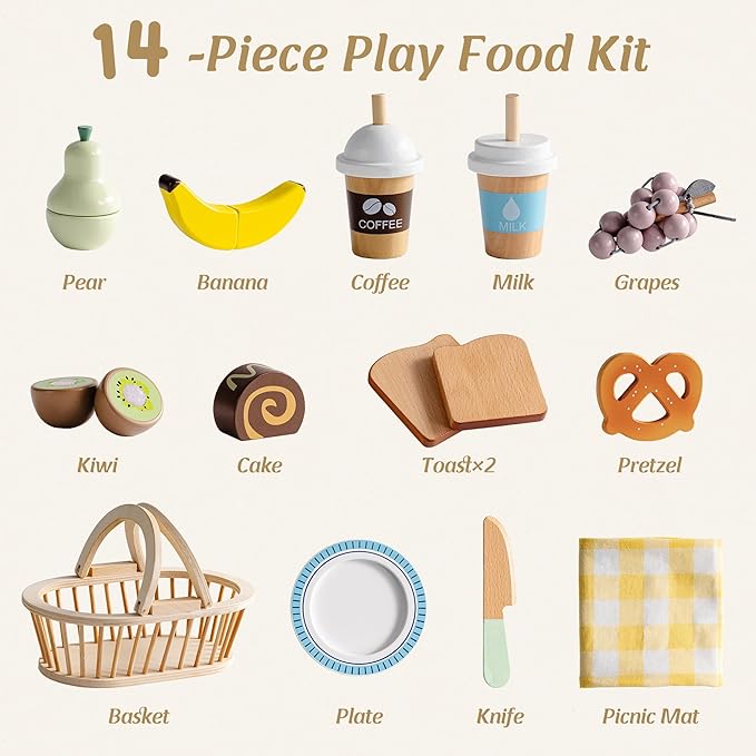ROBOTIME Wooden Play Food Sets for Kids Kitchen, 14 PCS Toy Food Pretend Play Picnic Basket with Fruits, Desserts, Drinks & Utensils, Play Kitchen Food for Indoor & Outdoor Camping Fun, Ages 3+
