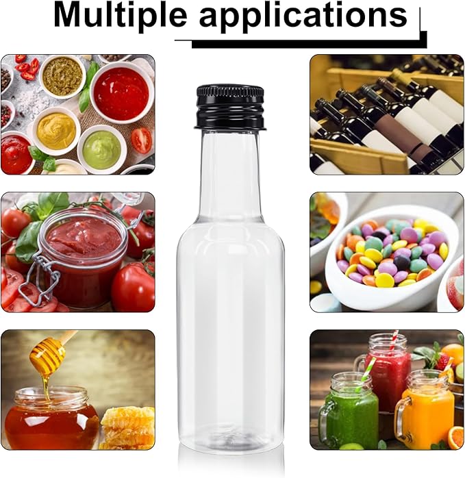 UCEHIPAW 108 Pcs 1.7 oz Mini Liquor Bottles with Cap Plastic Small Salad Dressing Bottle Mini Shooter Alcohol Holders for Christmas Hot Sauce Wine (Black)