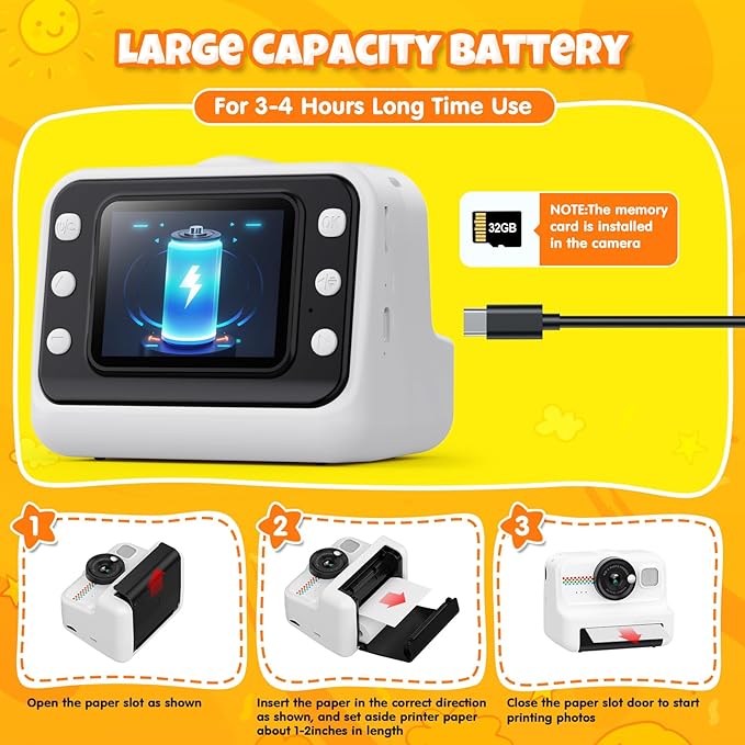 Kids Instant Print Camera, 1080P HD Kids Camera Instant Print with 3 Rolls Print Paper & 32GB Card, Ideal Kid Toys Gifts for Boys & Girls Age 3-14 (Black)