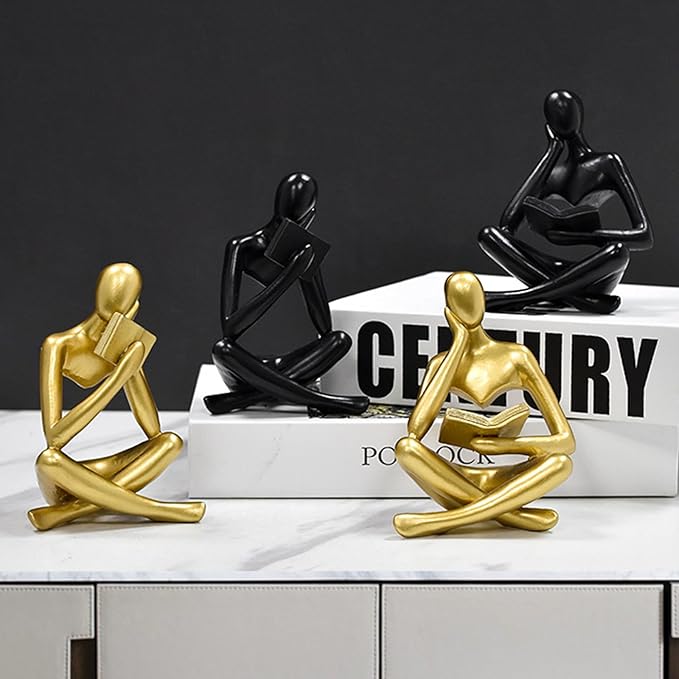 Gold Reading Women Statue, Thinker Sculptures, Abstract Art Ornament, Modern Aesthetic Figurine Decoration, Suitable for Home Living Room Bedroom Office Shelf Table Desk Bookshelf Decor (Black Left)