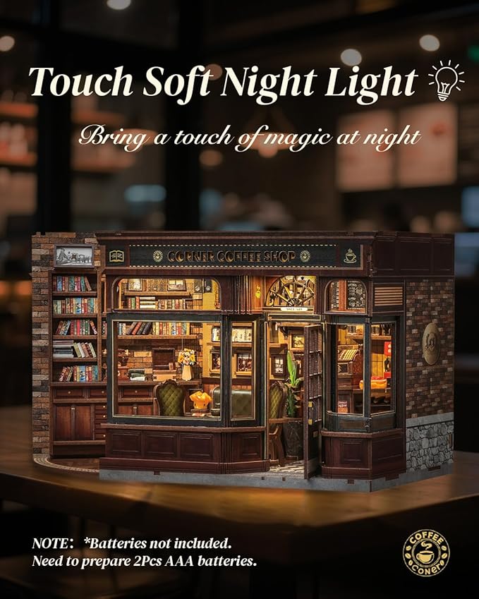 Cutefun Book Nook Kit - DIY Miniature Coffee Shop Booknook Kits for Adults and Teens, 3D Wooden Puzzle Bookend Bookshelf with LED Light, Gifts for Family and Friends (Corner Coffee Shop)