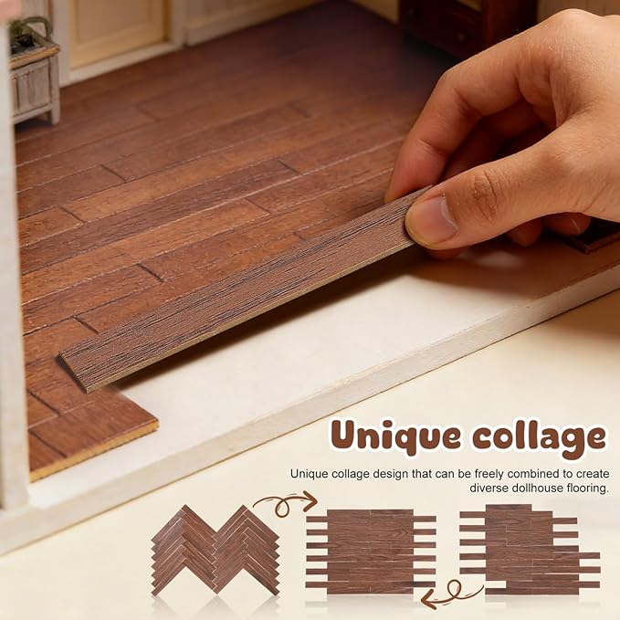 TOYANDONA 40Pcs Dollhouse Flooring Peel and Stick Miniature Floor Decorations Self Adhesive Walnut Tiles for Doll House Wallpaper and Trim