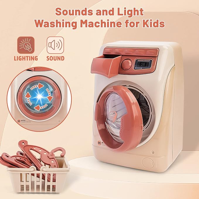 deAO Kids Toy Washing Machine & Vacuum Playset, Mini Washing Machine Laundry Set for Kids,Dollhouse Furniture Laundry Room Washer and Iron Set