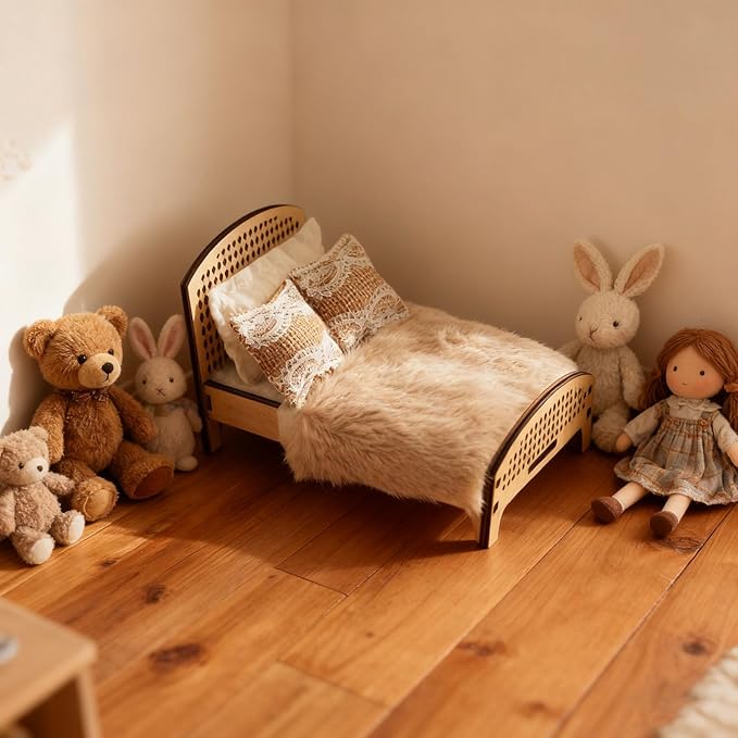 1:12 Scale Miniature Double Bed Unpainted Wood Furniture Model Craft Accessory Customizable Finish Bedroom Decoration for Pretend Play and Scene