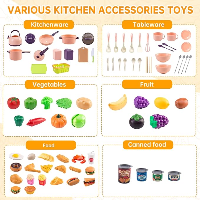 120Pcs Mini Play Kitchen Accessories, Kids Pretend Cooking Playset with Desserts, Cuttable Veggies & BBQ & Storage Basket, Educational Role-Play Gift for Toddlers, Child, Pink