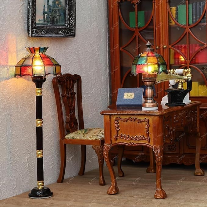 iLAND 1/12 Scale Accessories of Dollhouse Lights, Classic Miniature Lamp w/Plug for Dollhouse Decoration, Mosaic Lattice Floor Lamp w/Plug