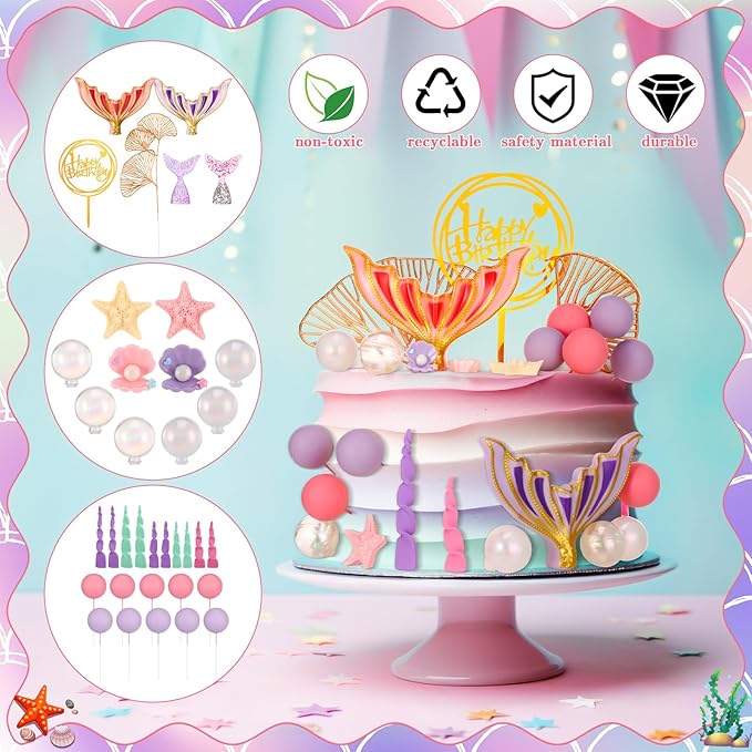 40 Pcs Mermaid Cake Topper - Mermaid Tail Cake Decorations with Seaweed Shells Starfish Under the Sea Cake Decorations for Birthday Party Decorations