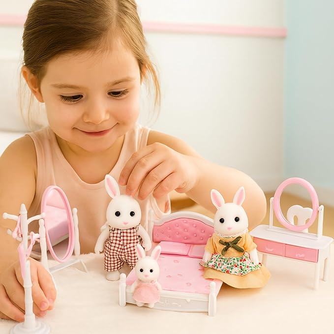 Family Dollhouse Bedroom Set — Bed, Pillows & Bedspread, Vanity with Mirror, Nightstand, Floor Mirror, Chair, Lamp, Coat Rack & Hangers — Dollhouse Furniture & Accessories for Ages 3+