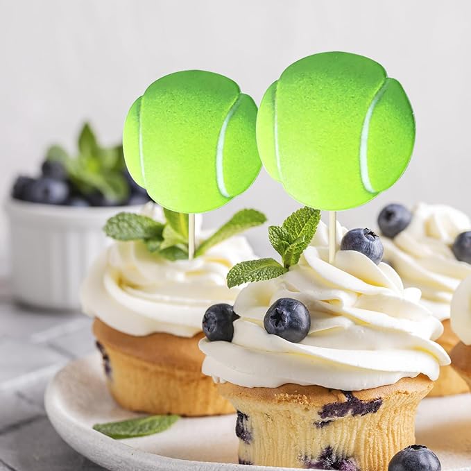 24 Pcs Tennis Cupcake Toppers,Sports Tennis Cupcake Cake Decorations Supplies,Tennis Theme Birthday Cake Topper,Tennis Birthday Party Decorations