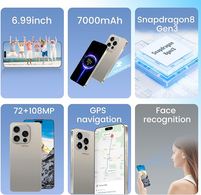 Huness I16PROMAX 16+1TB Smartphone Unlocked Cell Phone,6.99" HD Screen Unlocked Phones,Battery 7000mAh Android 14,Face ID/Fingerprint Button unlock/Photos/5G/Dual SIM/GPS (Grey, 16+1TB)