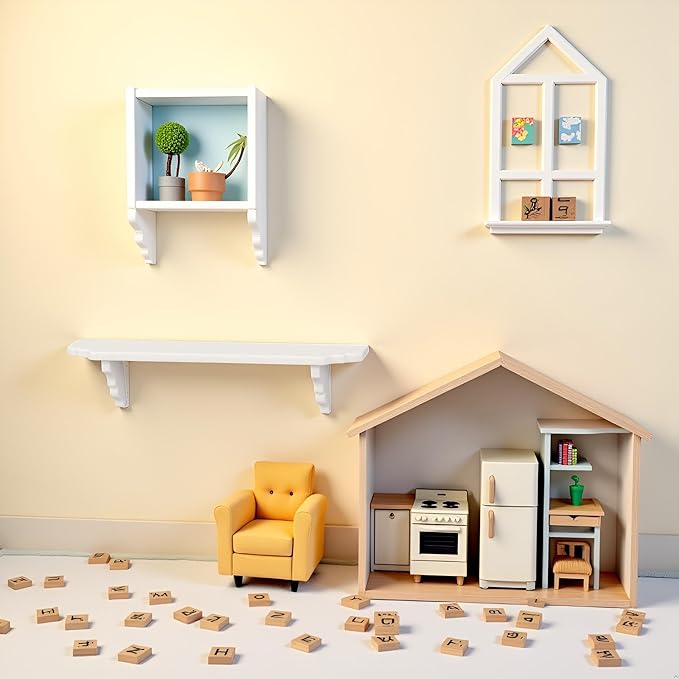 Jowxsx White Dollhouse Wall Shelf, 1/12 Scale Miniature Dollhouse Accessories, Doll House Storage Wall Shelf for Kitchen Scene, DIY Micro Landscaping Decor