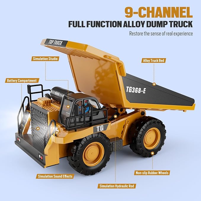 RC Dump Truck Toy for Kids | 9-Channel Metal Construction Vehicle with Working Bed, Lights & Sounds, Rechargeable Remote Control Truck for Boys Ages 3-12, Durable STEM Gift for Birthday 2026