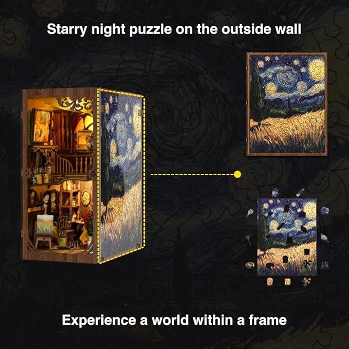 Book Nook Kit for Adults - DIY Miniature House with LED Lights - Adult Book Nook Craft Kit with Starry Night Puzzle - 3D Wooden Puzzle for Birthday Gift - Tiny Craft for Creative Bookshelf Decor