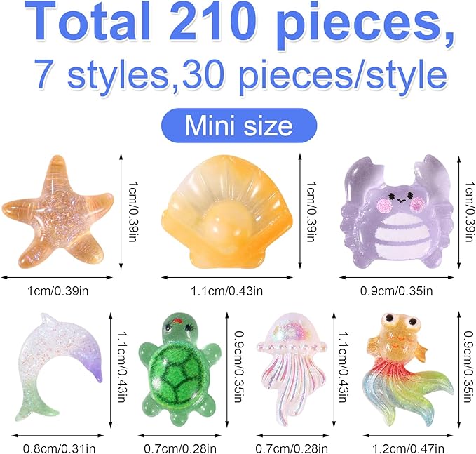 210pcs Mini Resin Animals, Miniature Ocean Figurines Glow in The Dark Small Sea Turtles Fishes Jellyfishes Tiny Crabs Starfishes Seashells Dolphins Statue for Dollhouse Aquarium Decorations